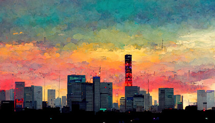 Cityscape at sunset in tokyo, japan. Generative Ai
