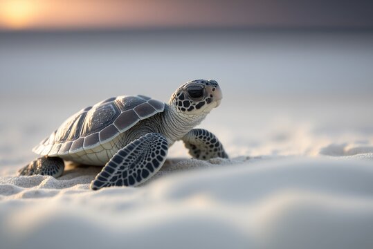 Little turtle on a white beach. Ai generative.