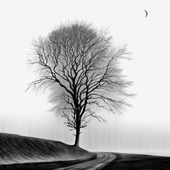 drawing of a tree near the road and fog in black and white style Generative AI