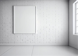 Frame Mockup. Large banner with white blank background hanging on the wall in empty room. Interior, no person. Copy space for your artwork or advertisement. Natural light, shades. Generative AI.