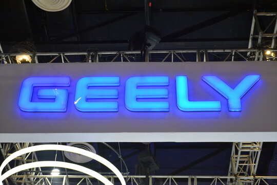 Geely booth display sign at Philippine International Motor Show in Pasay, Philippines