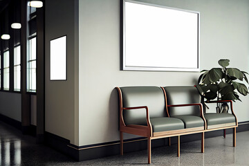 Waiting room for a doctor in a hospital or some office. Above the chairs is a mockup frame with a blank white and copy space for advertising. Illustration with large banner. Generative AI.