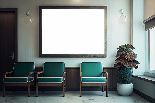 Mockup frame hanging on the wall of the waiting room of health center or office. Large blank banner placed above the seats. Interior without people. In the background you can see door. Generative AI.