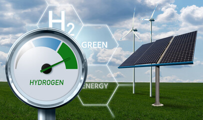 Hydrogen gauge with tree colors - gray, blue and green on a background of solar panels and wind...