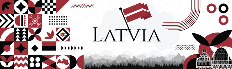 Fototapeta premium Day of Restoration of Independence Latvia abstract Banner with map, flag colors theme background and geometric abstract retro modern red and white design. illustration banner design template.