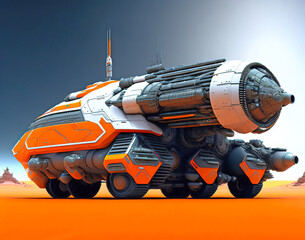 Large complex futuristic mobile rocket launcher. Military land weaponised vehicle on desert sand. Generative AI sci-fi illustration. Orange and grey colors.