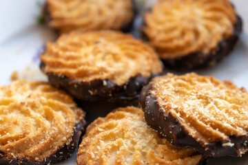 Closeup of cookies on a plate. Tasty biscuit. Sweet dessert. Delicious cookie food