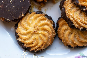Closeup of cookies on a plate. Tasty biscuit. Sweet dessert. Delicious cookie food