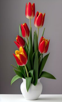 Beautiful tulips on a gray background with copy space for recording. Vertical orientation. Generated AI. Banner, greeting card illustration.