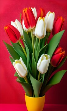 Beautiful tulips on a red background with copy space for recording. Vertical orientation. Generated AI. Banner, greeting card illustration.
