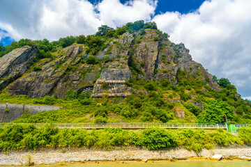 Rocks near Rhein Rhine river in Loreley Lorelei, Rhein-Lahn-Kreis, Rhineland-Palatinate,...