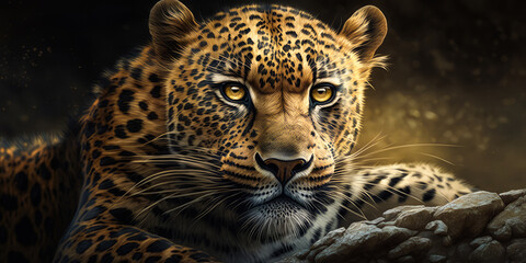 Fototapeta na wymiar Close up of leopard with yellow eyes. Generative AI.