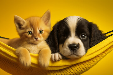Fototapeta na wymiar Cute kitten and dog in hammock on yellow background. Generative AI.