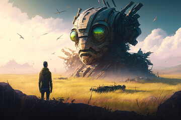 Man looking at giant robot in the middle of field. Generative AI.