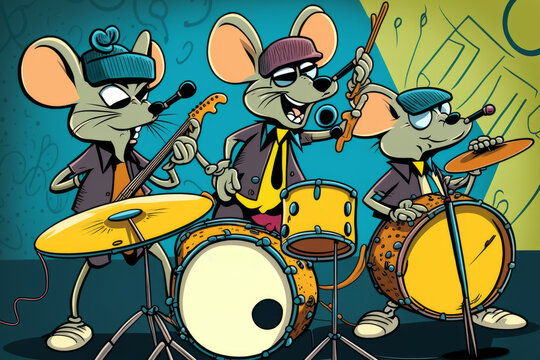 Three cartoon mice playing drums and wearing hats. Generative AI.