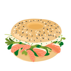 Bagel illustration with red fish salmon.Breakfast vector illustration for menu, brochures, posters