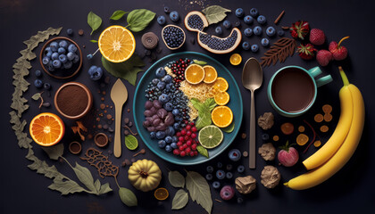 Obraz na płótnie Canvas Plate of fruits and vegetables arranged on dark background. Generative AI.