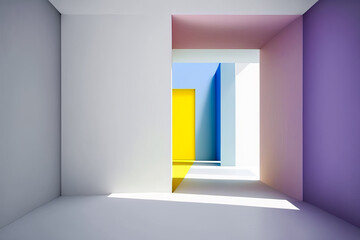 An empty white room with colorful walls and doors. Generative AI.