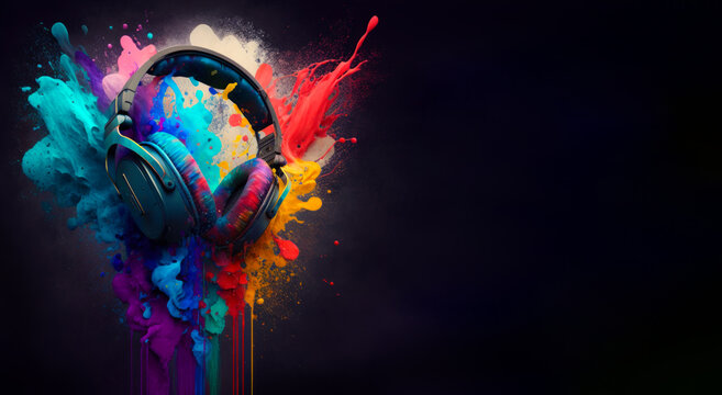 Headphones with colorful paint splashes on black background. Generative AI.