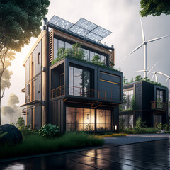 3d rendering of modern house with solar panels on the roof and wind turbines in the background. Generative AI.