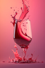 Red wine splashing into glass on pink background. Generative AI.