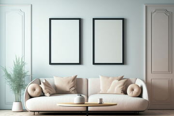 Two blank frames on the wall of living room. Generative AI.