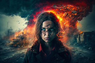 The last of us 2 poster with woman standing in front of an explosion. Generative AI. - obrazy, fototapety, plakaty