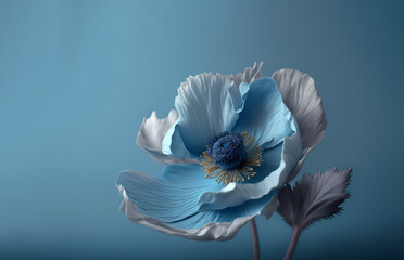 Flor de violeta. Violetas. Color azul pastel. Sobre fondo azul. Composición floral creativa. Flores. Generado con IA.