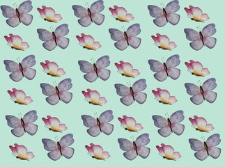 Watercolor pattern painting of butterflies on green background.