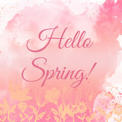hello spring text with yellow flowers on watercolor background