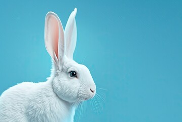 Obraz premium White bunny on pastel blue background. Ai generative.