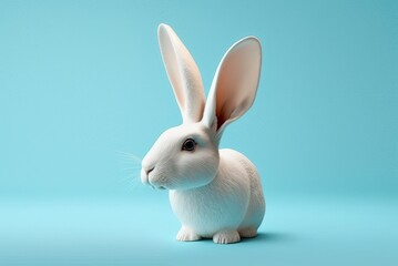 Obraz premium White bunny on pastel blue background. Ai generative.
