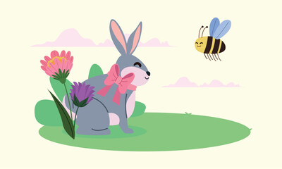 bee and rabbit in garden