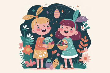 Two girls wearing bunny ears and multicolored easter eggs. Holy Week tradition, Spring holiday, Easter Sunday, traditional holiday Christian religion. Vector Illustration Generative AI.