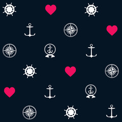 red heart, anchor, ship wheel and marine compass on dark blue ground seamless pattern background