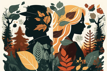 Man and woman in the image of nature in autumn, the forest, illustration. Journey, walk.