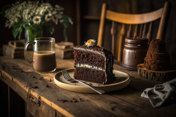 Fototapeta na wymiar Plate with slice of tasty chocolate cake on table, Sweet, Homemade bakery concept. generative AI illustration.