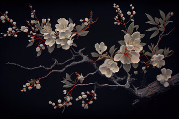 Tree of Prunus spinosa, called blackthorn or sloe. Japanese umeboshi. Japanese Culture, Taoists. Generative AI technology