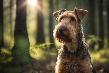 Airedale terrier dog portrait on a sunny day in the forrest