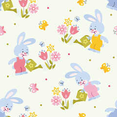 Colorful seamless pattern with cute cartoon bunny watering flowers. Endless texture for fabric, baby clothes, background, textile, wallpaper. Gardening vector illustration.