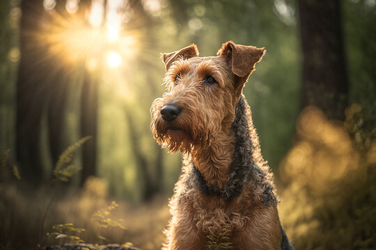 Airedale terrier dog portrait on a sunny day in the forrest