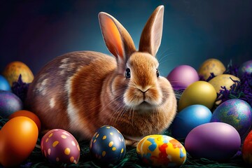 Kaninchen / Hase mit bunten Ostereier aufm Rassen mit Fr&uuml;hlingsblumen, Osterbild , Postkarte, generative AI