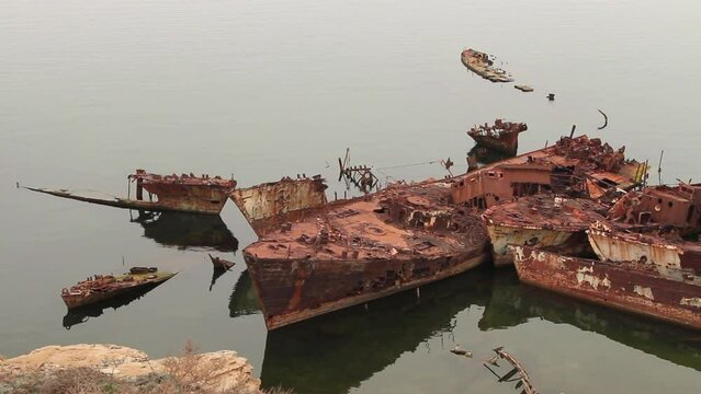 Decayed ships from the USSR era on Zira Island in the Caspian Sea