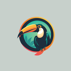 Toucan on branch logo wild nature. Printing on clothes. Logo bird bright colors