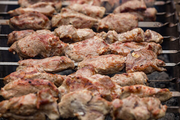 fried pork kebab on skewers, on the grill. outdoor
