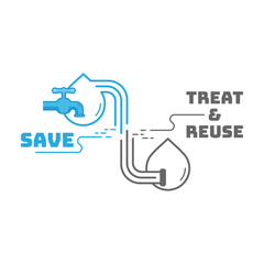 Water drop icon with tap link to greywater drop with sewage symbol as a gimmick of using water sustainably. Vector illustration outline flat design style.