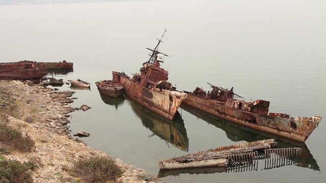 Decayed ships from the USSR era on Zira Island in the Caspian Sea