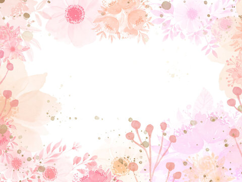 pastel colored watercolor flowers with golden spts on white ground with space for text template background