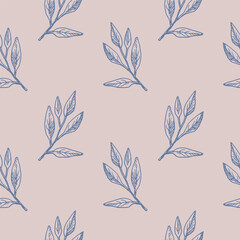 Seamless repeating pattern with sage leaves on a delicate pink background, floral motif. Ornament with plant branches in a pattern for textiles, wrapping paper and packaging design.