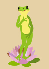 Frog in water lily. Vector isolated illustration. Birth of Aphrodite.